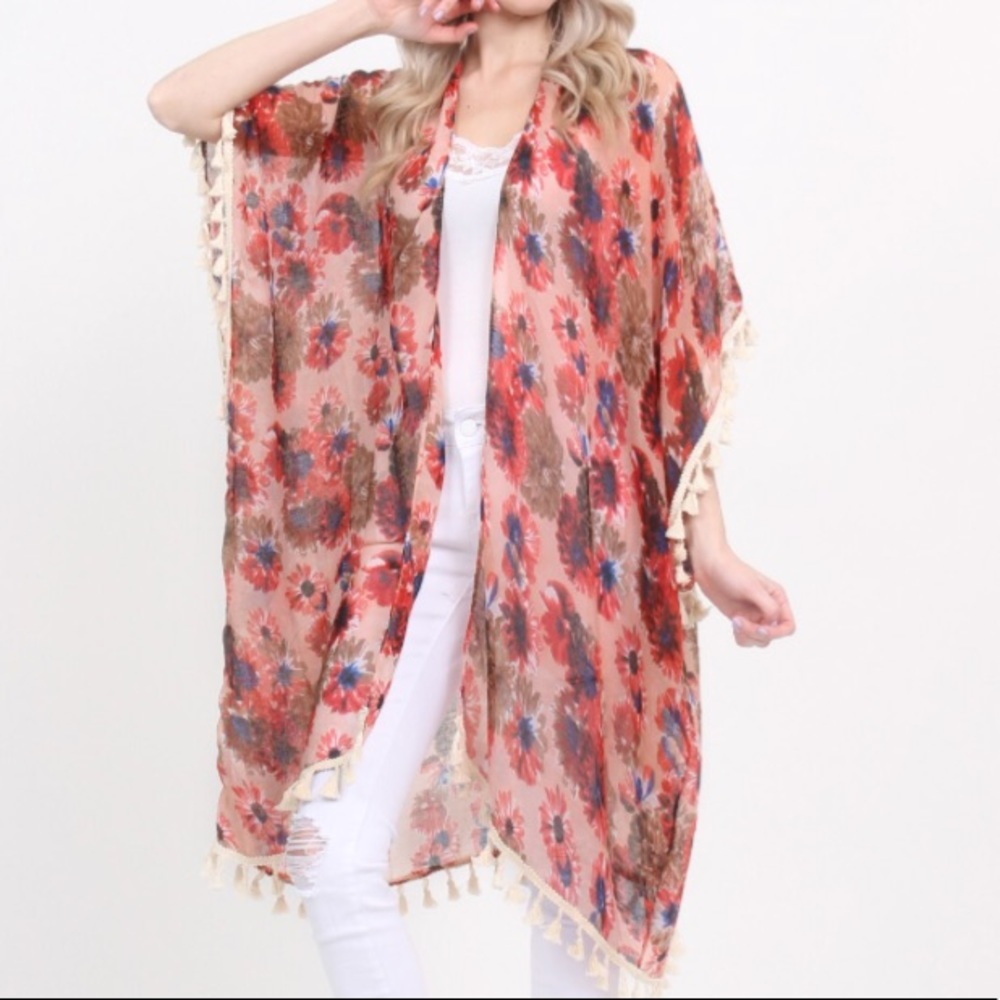 NEW Pink Floral Tassel Fringe Kimono Cover Up